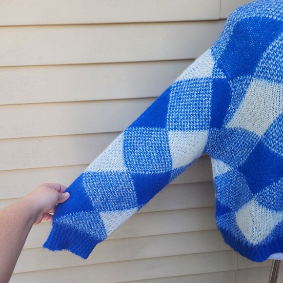 Sandro Plaid Crewneck Sweater Blue White Made in Italy - Picture 6 of 15